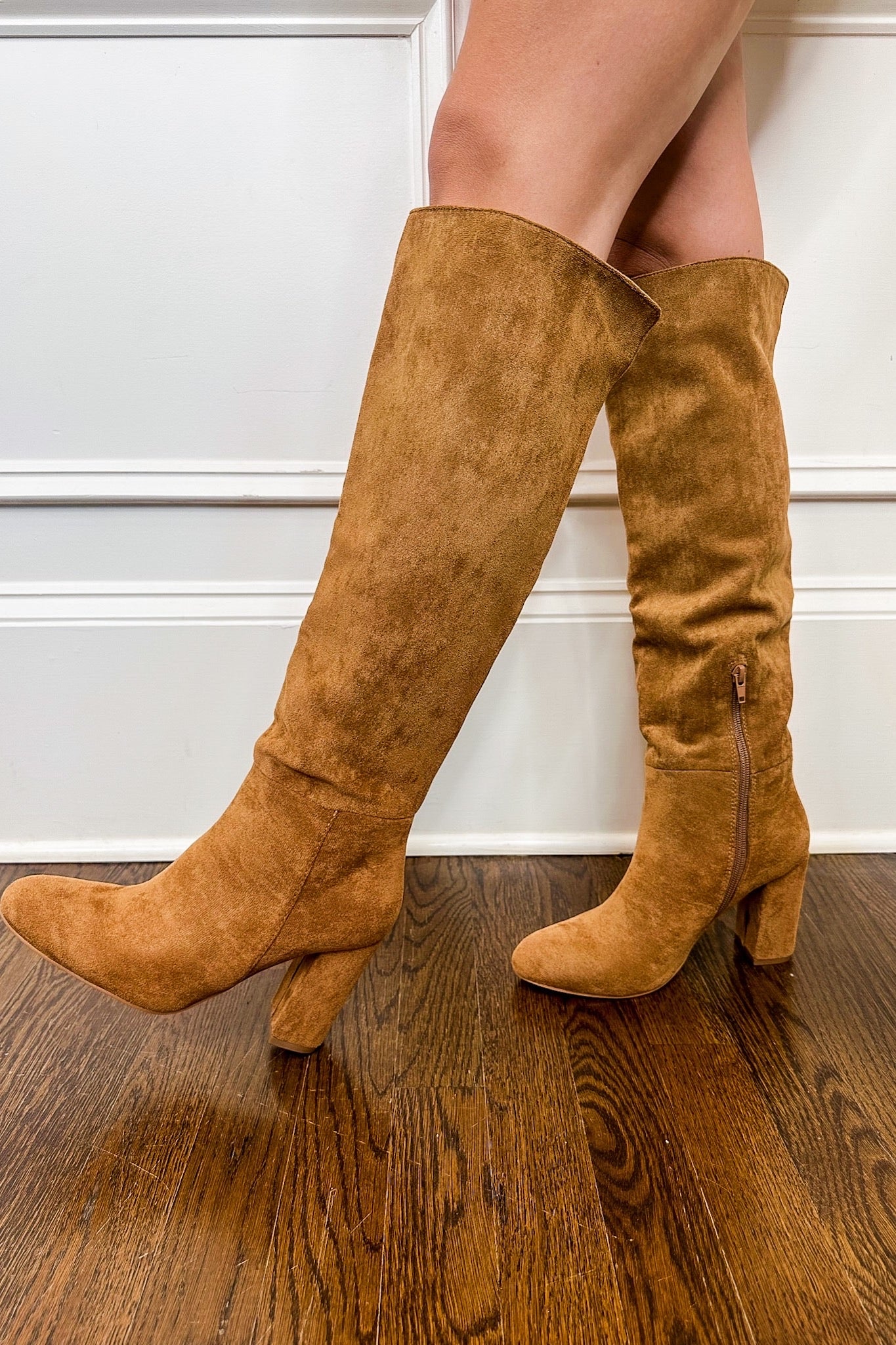 Chic Suede Camel Knee High Boots by Corkys