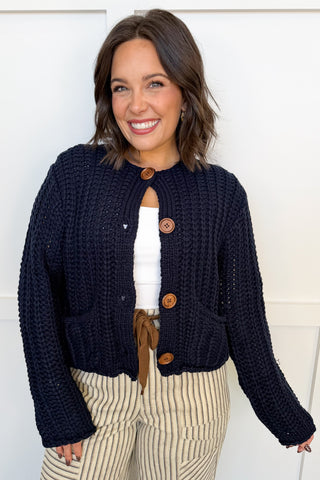 Dear Scarlett Callie Chunky Knit Button Front Cardigan in Navy