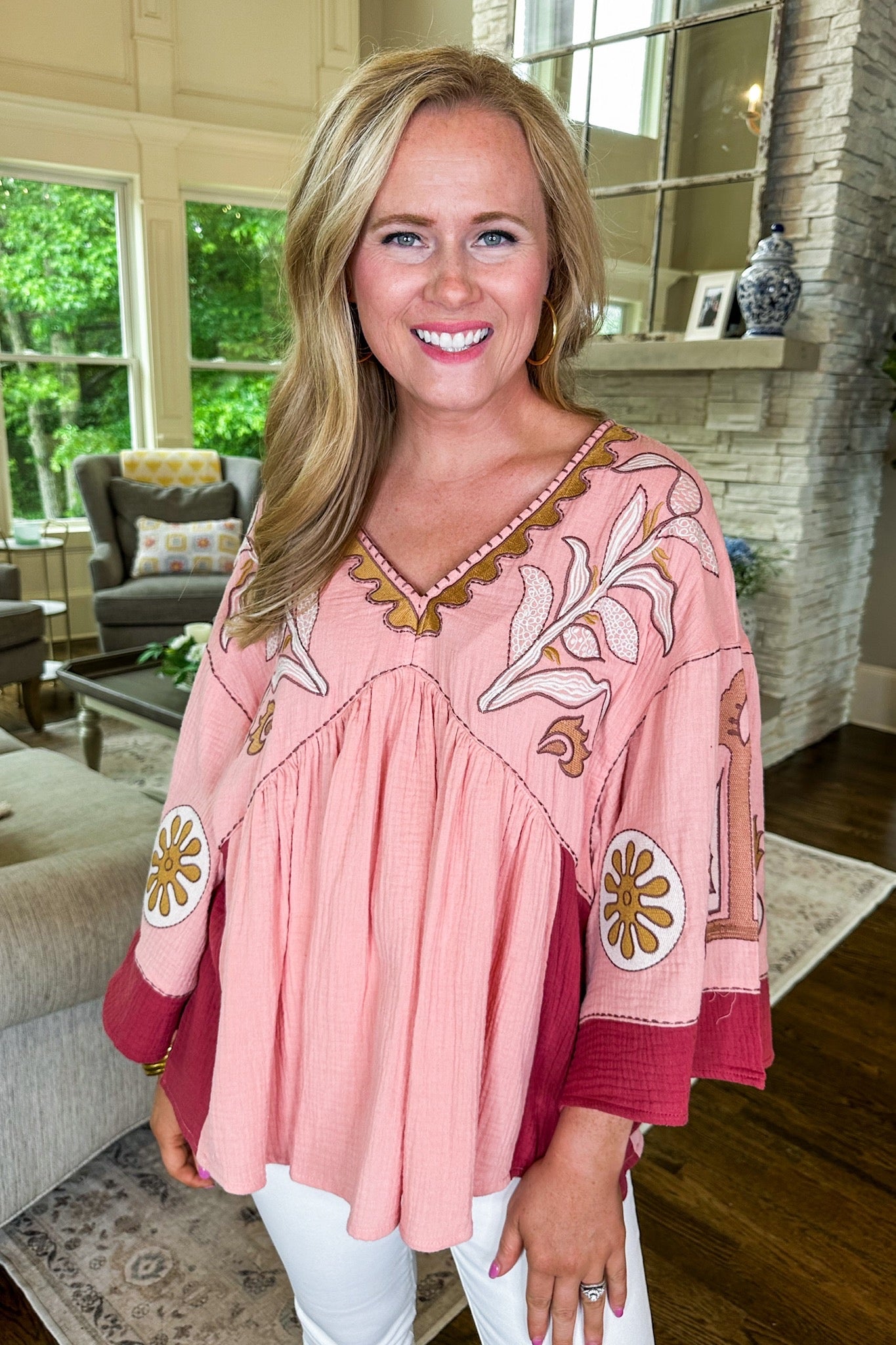 Embroidered Rose Babydoll Poncho Top