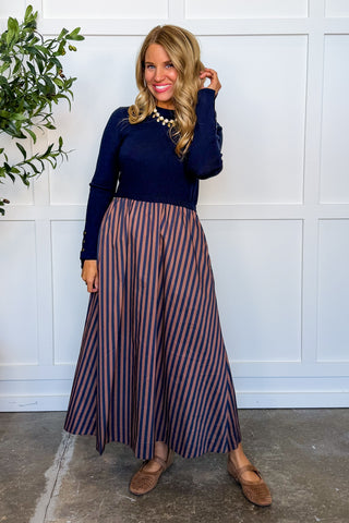 Sunday Style Stripe Midi Dress in Navy & Mauve