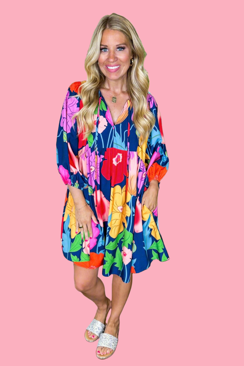Balloon Sleeve Navy Floral Babydoll Lined Dress