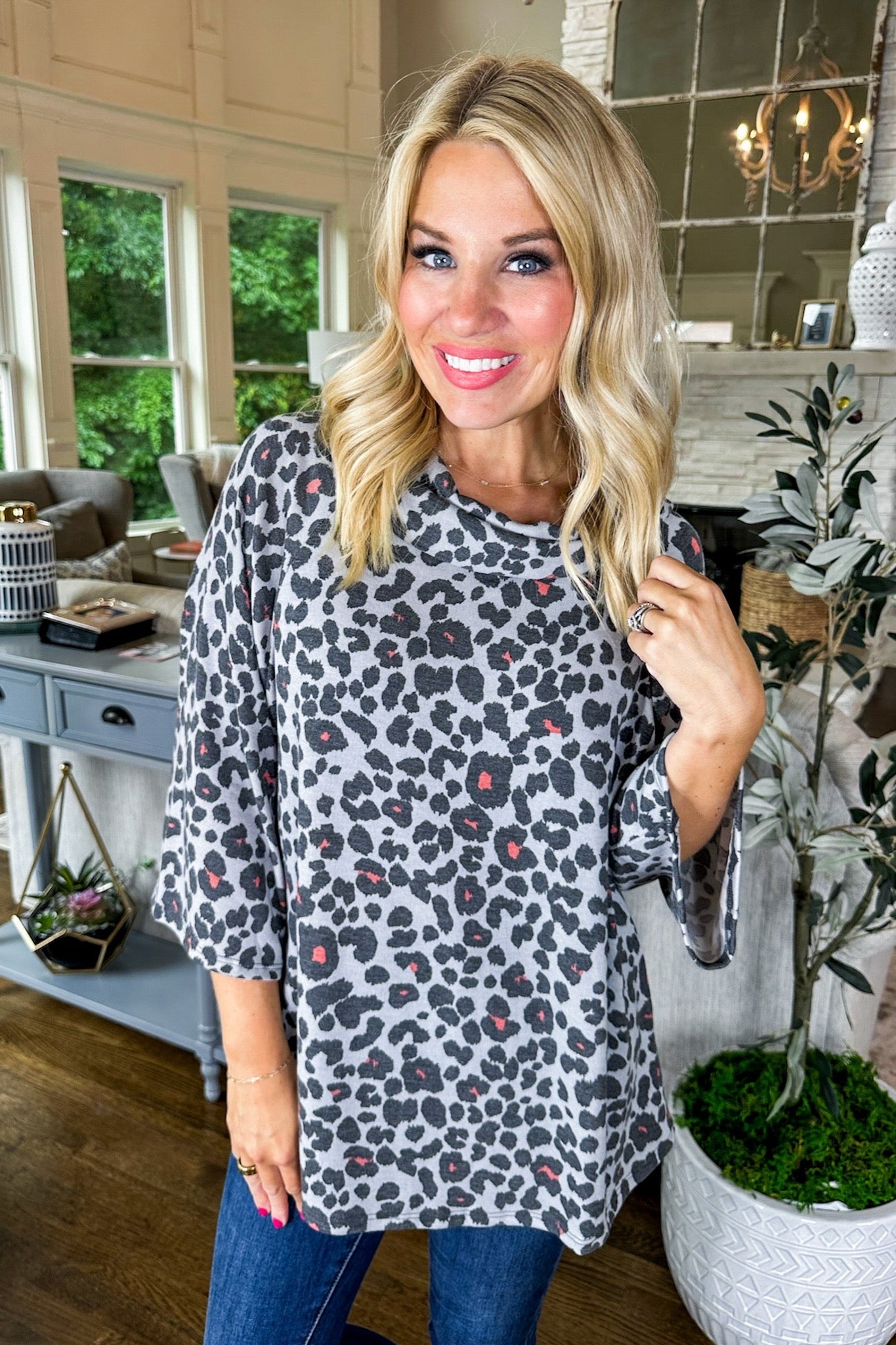 Soft Cowl Neck Leopard Print Three Quarter Sleeve Top in Charcoal