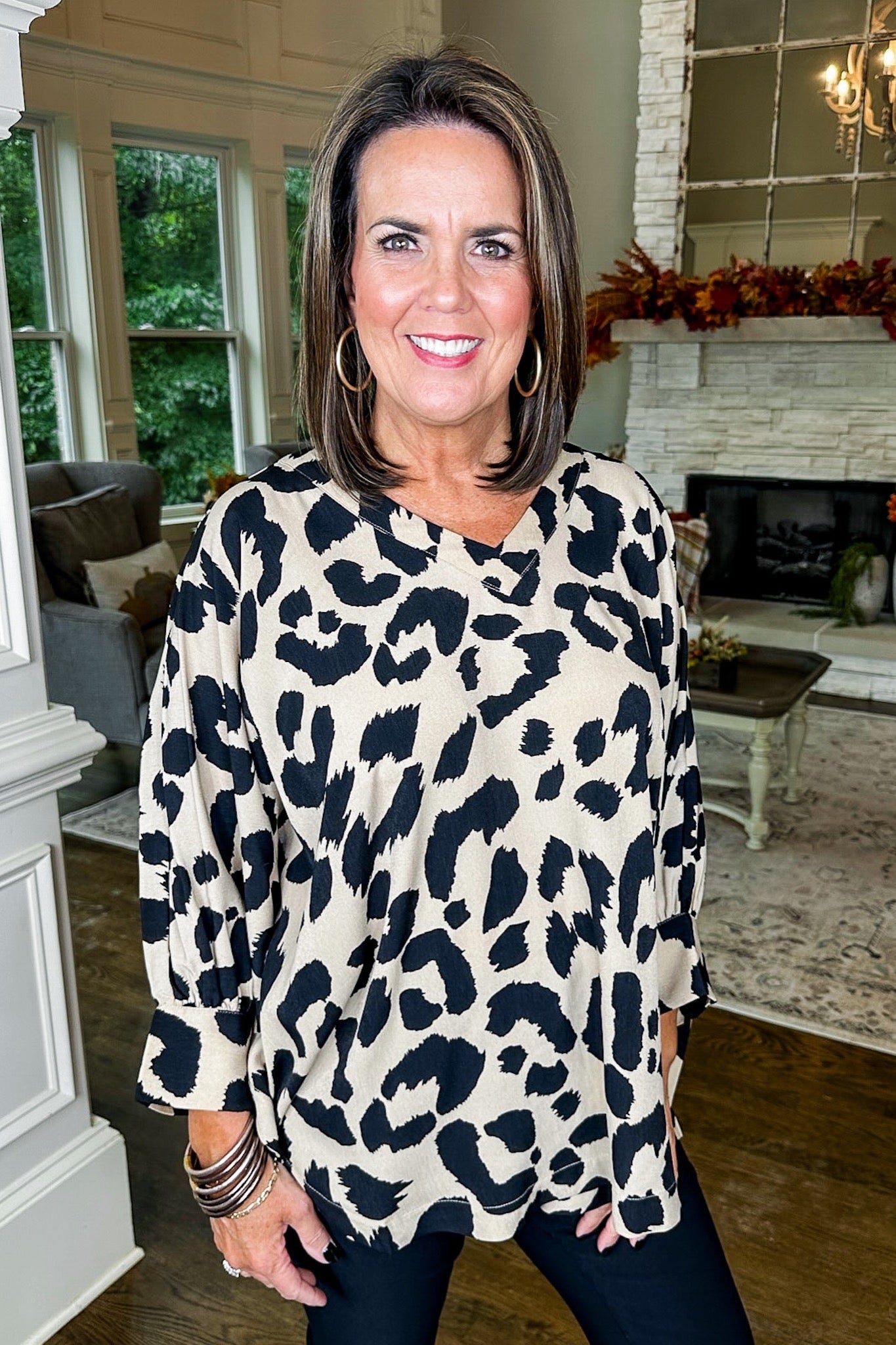 Classic Leopard V Neck Batwing Sleeve Top