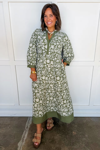 The Cameron Midi Dress in Painted Trillium Olive by Mary Square