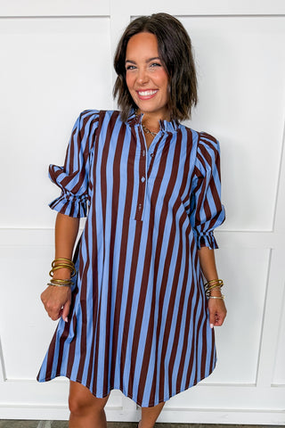 Stripe Me Pretty Dress in Blue & Brown