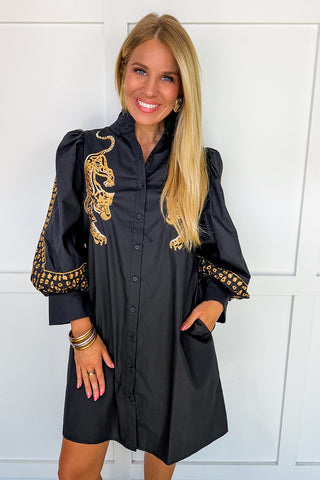 Wild At Heart Embroidered Shift Dress in Black