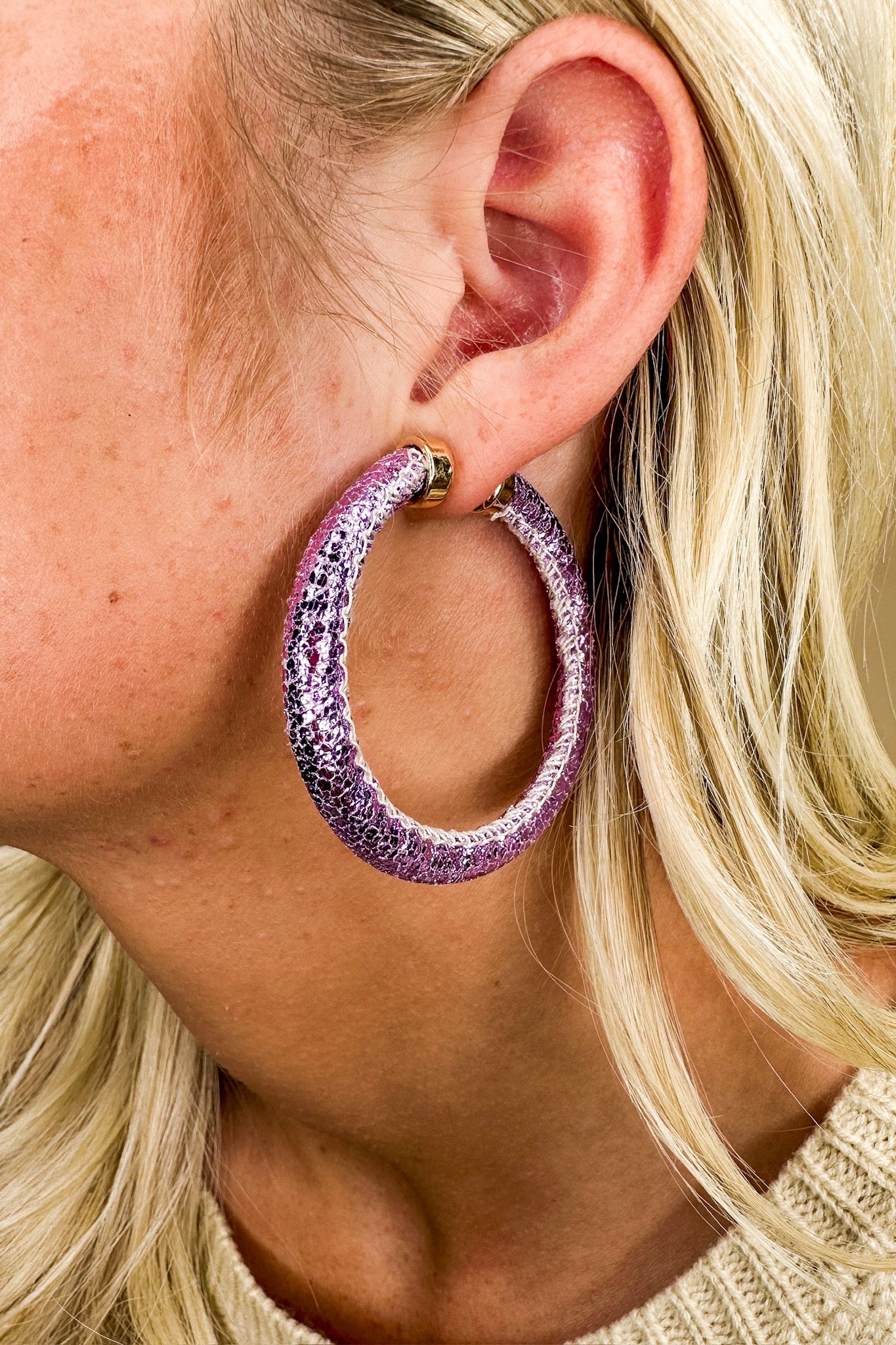 Glitter Leather Hoop Earring in Lavender