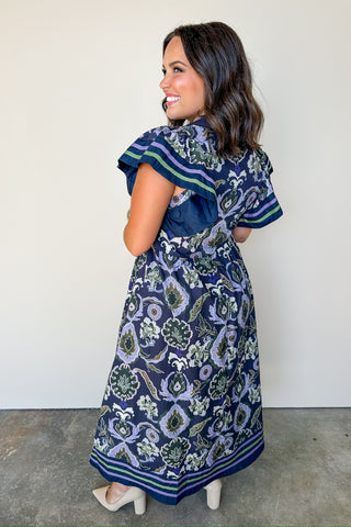 Navy & Purple Floral Ruffle Sleeve Maxi Dress
