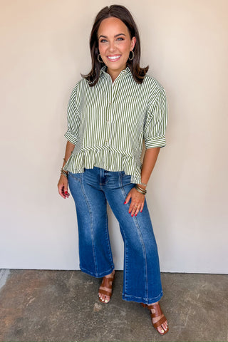 The Bailey Button Down Ruffle Blouse In Olive