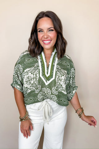 The Sarah Top in Printed Olive & White
