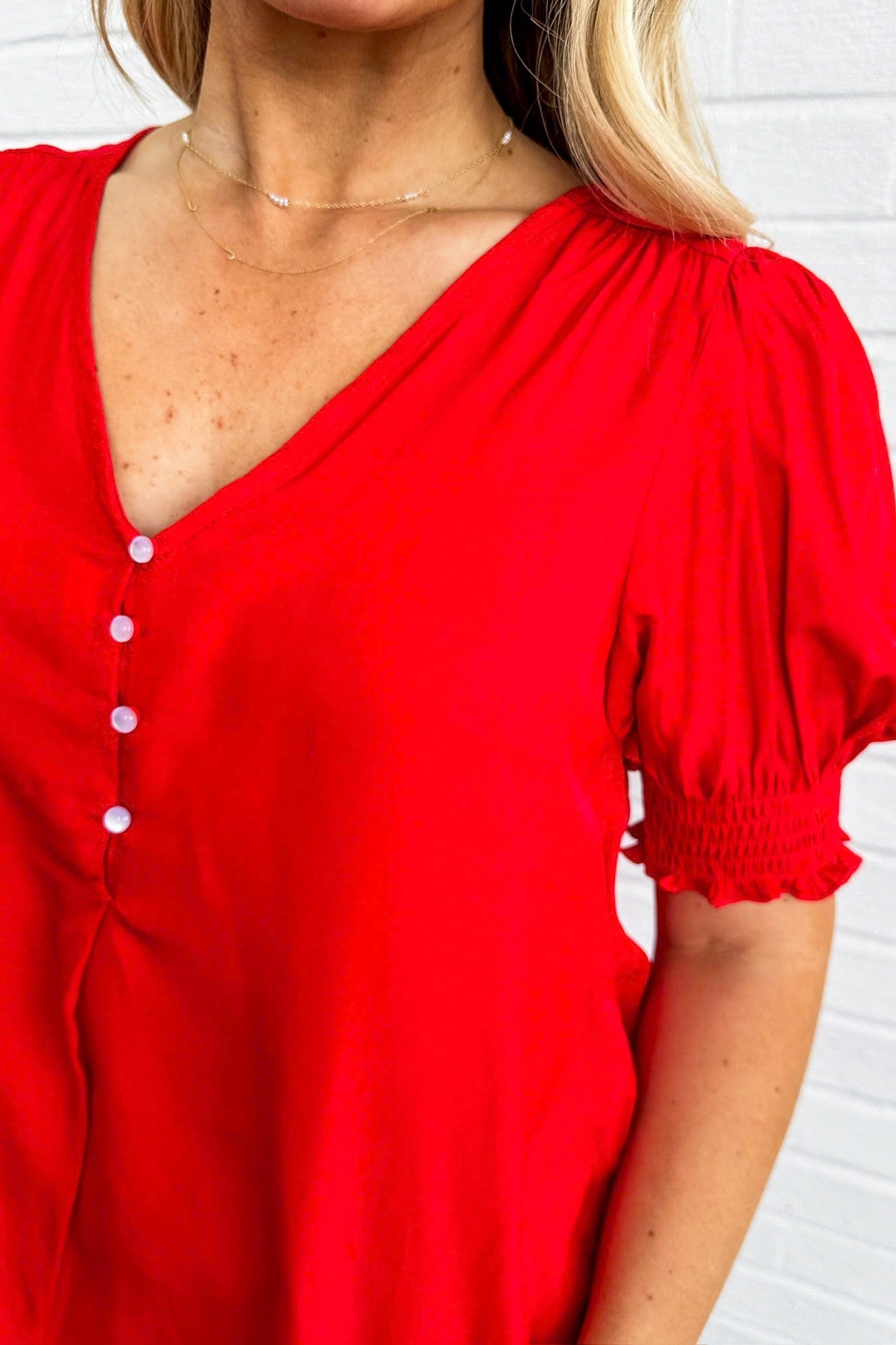 Satin Smocked Puff Sleeve Half Button Red Top