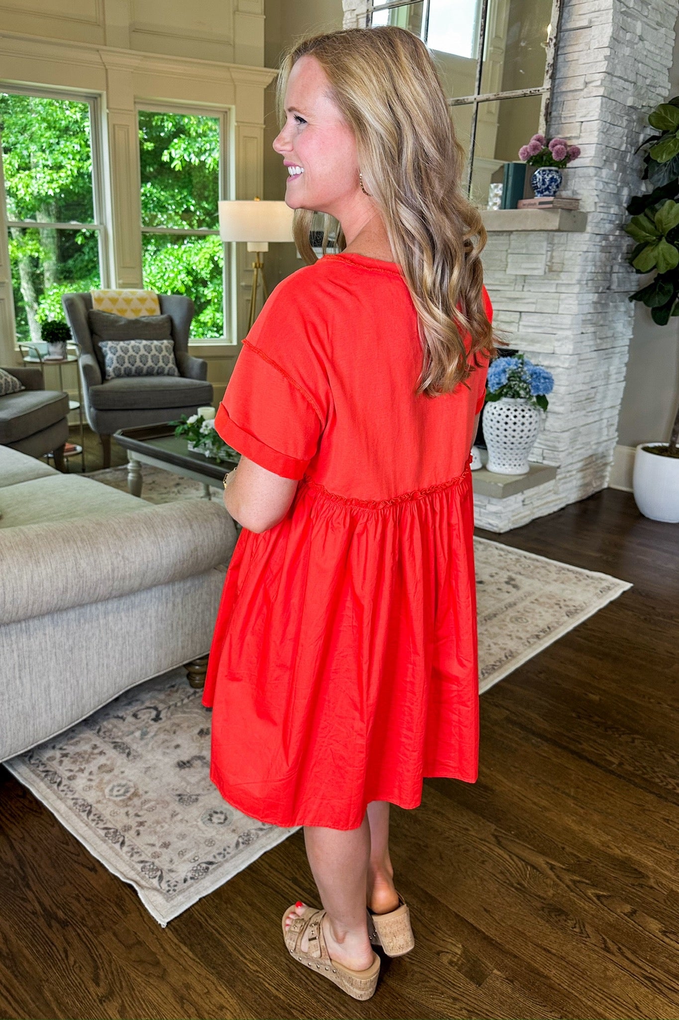 Orange Red Sweetheart Trim Contrast Poplin Dress