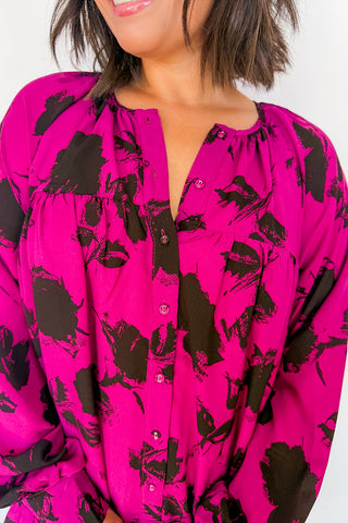 Sketched Floral Tunic Dress in Fuchsia