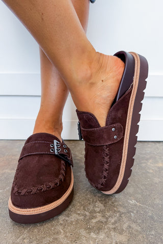 The Zaina Chocolate Suede Clog Mule by Mia