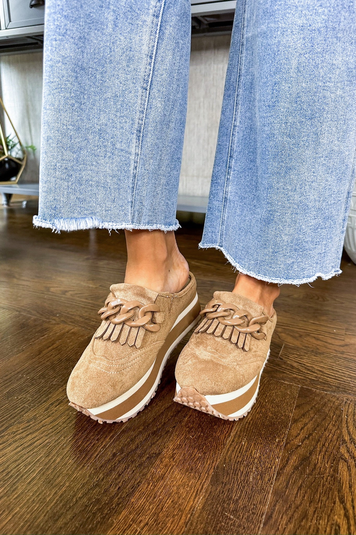 Chunky Chain & Fringe Backless Platform Loafer Sneaker in Taupe