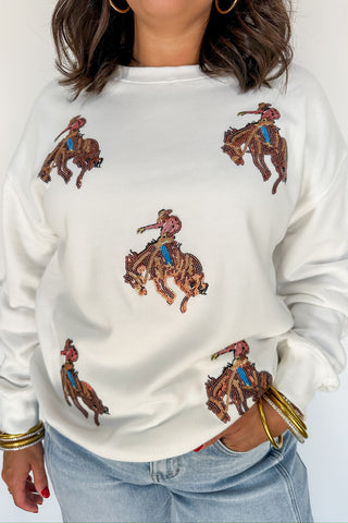 Sequin Rodeo White Pullover Long Sleeve Top