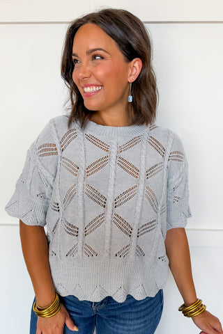 The Delilah Scallop Open Knit Top in Grey