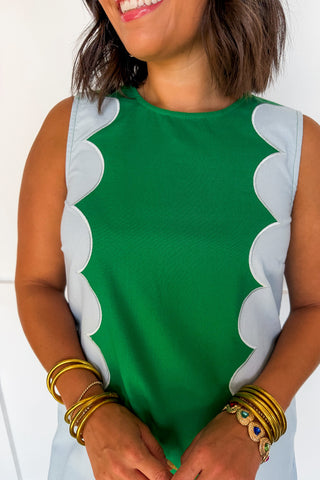 Scallop Pop Shift Dress in Green & Blue