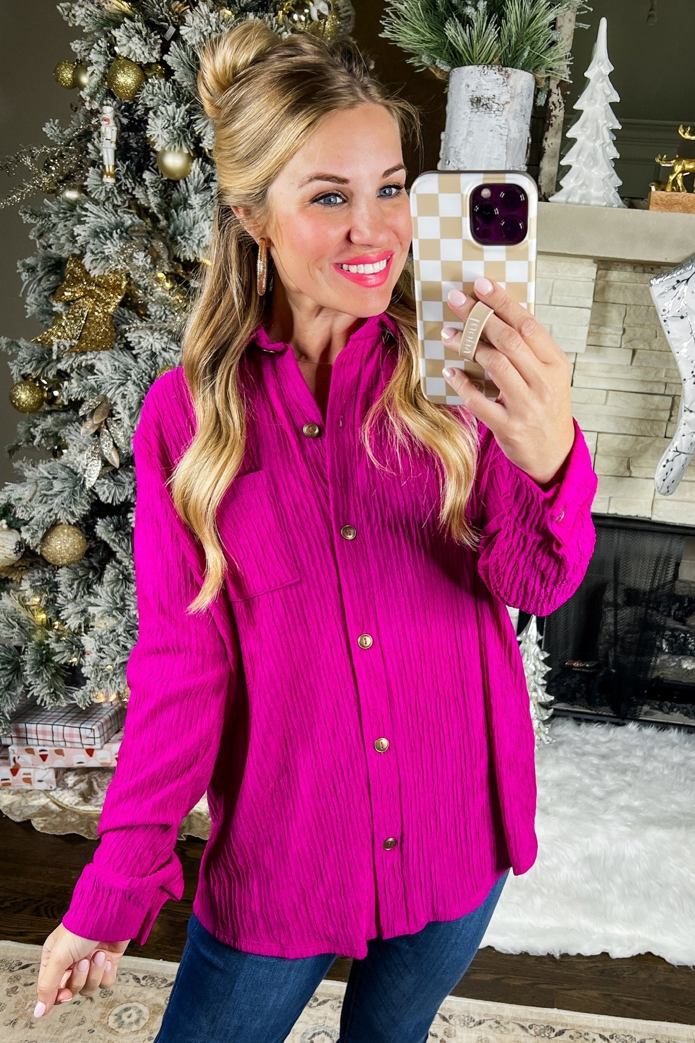 Button Up Textured Collared Top in Fuchsia