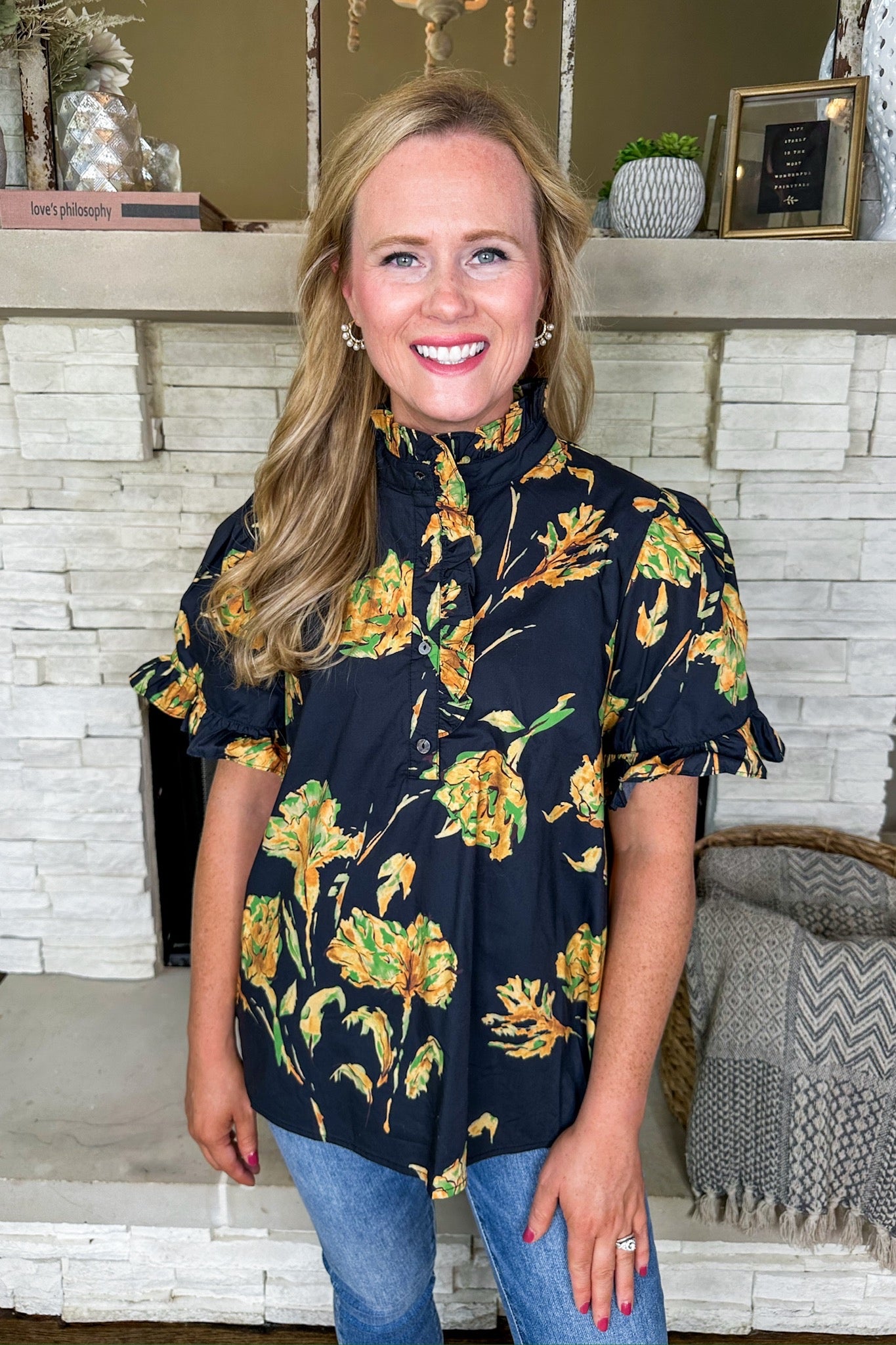 Detailed Floral Ruffle Button Down Black Top