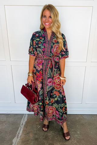 Bohemian Bloom Tie Waist Midi Dress in Black