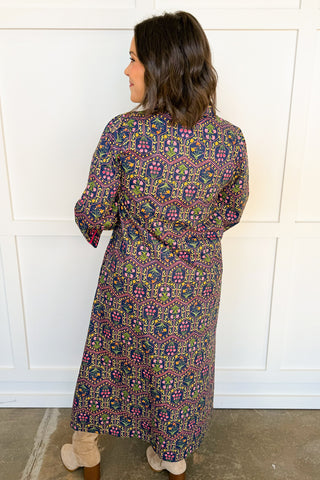 Floral Mosaic Contrast Trim Midi Dress in Navy & Magenta