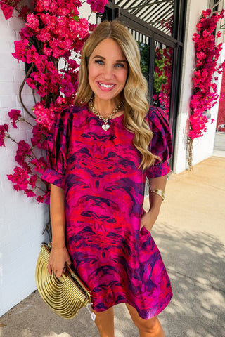 Mixing It Up Puff Sleeve Dress in Magenta