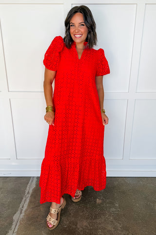 The Meredith Eyelet Midi Dress in Red