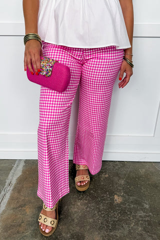 The Harper Gingham Wide Leg Trousers in Strawberry Pink