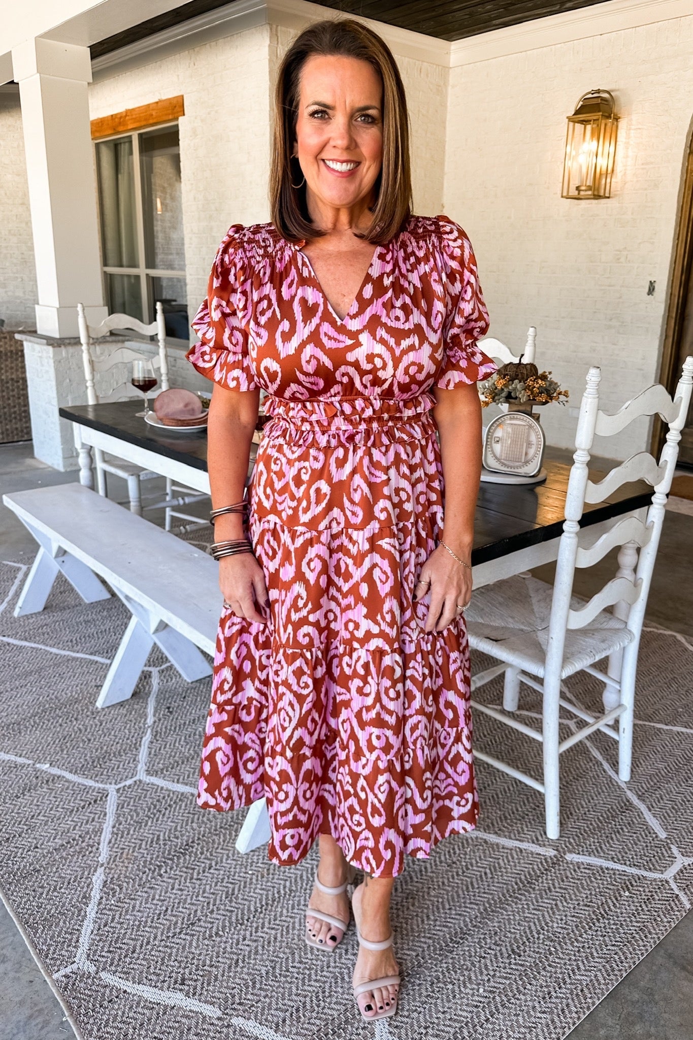 Rust/Pink Printed Tiered Midi Dress by THML