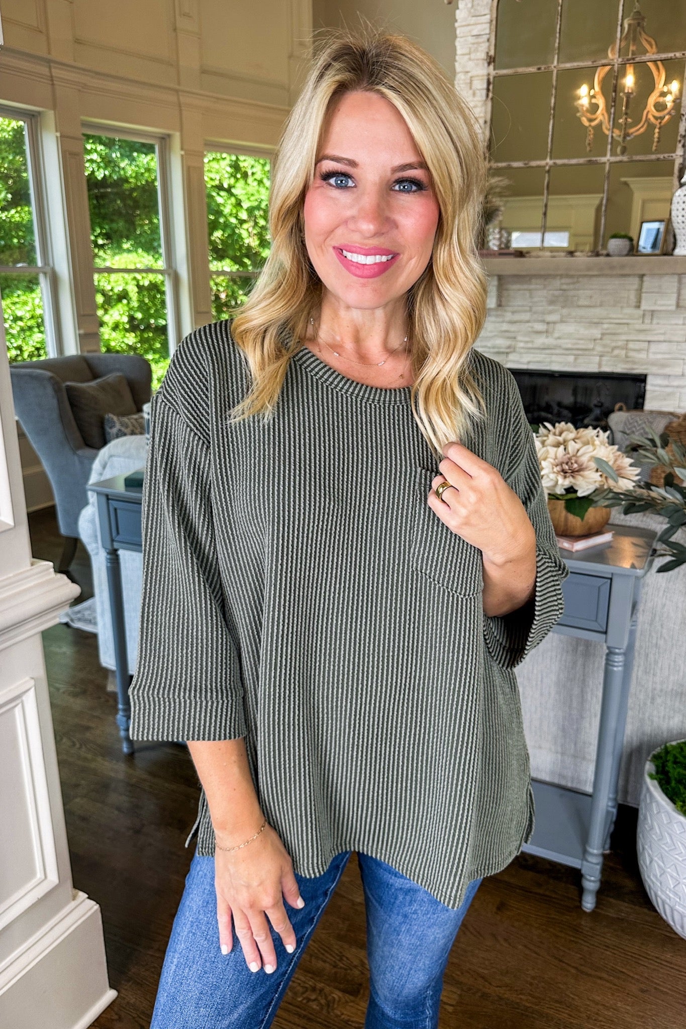 The Macy Ribbed Pocketed Three-Quarter Sleeve Top in Olive