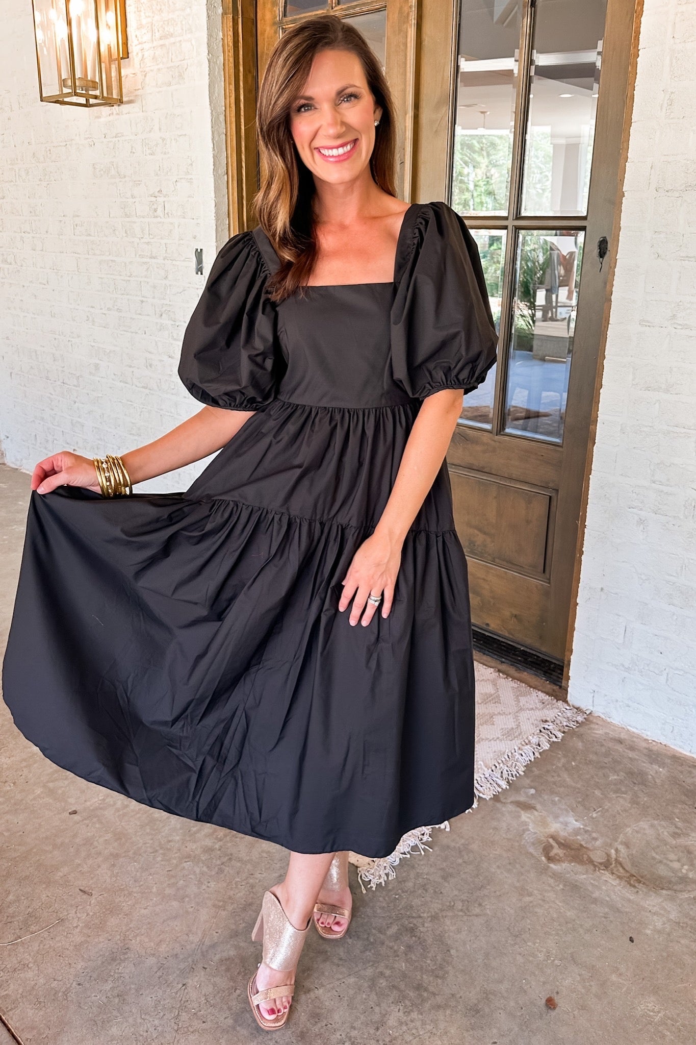 Square Neck Puff Sleeve Tiered Midi Dress in Black