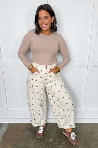 Cream Barrel Jeans with Brown Polka Dots