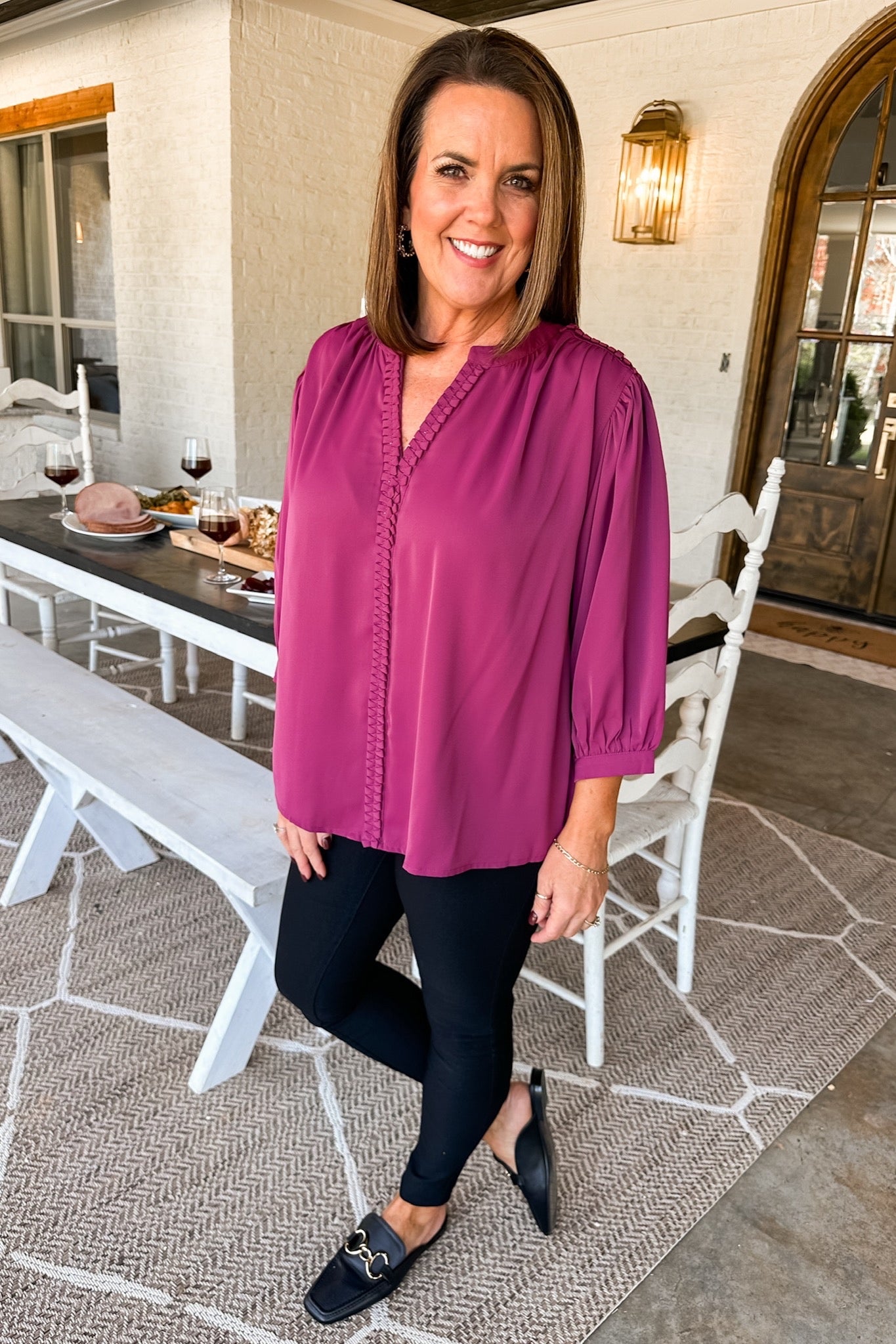 Embellished Notch Neck Three-Quarter Sleeve Top in Plum