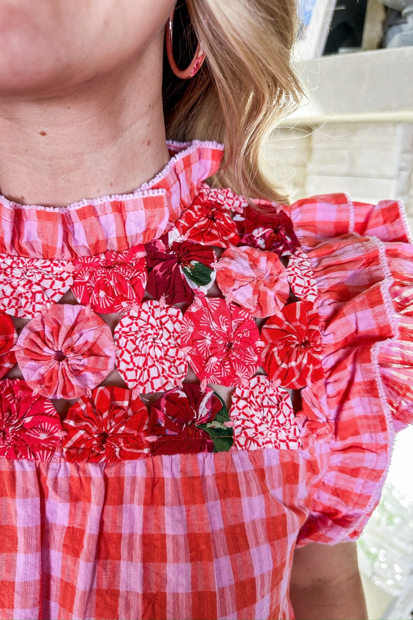 Floral Embroidery Peach Gingham THML Ruffle Top