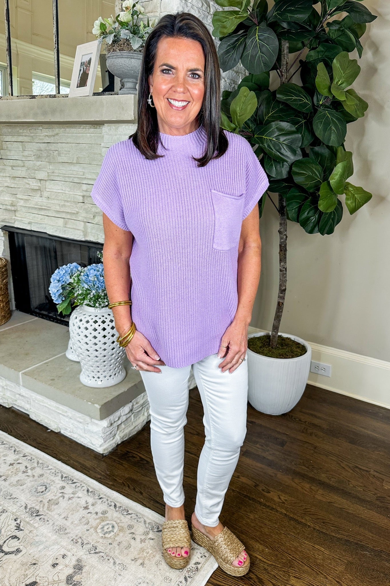 Cap Sleeve Rib Knit Pocket Sweater Top in Lilac