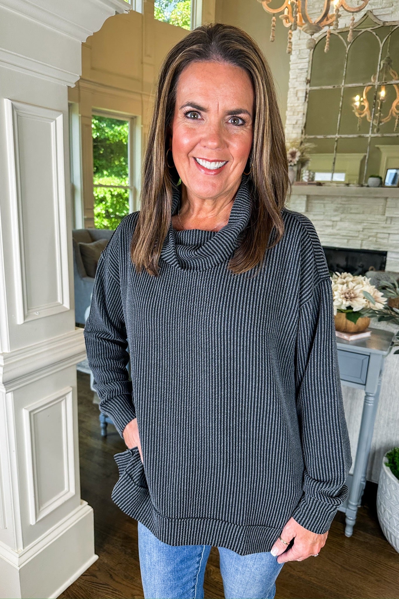 The Hadley Ribbed Cowl Neck Long Sleeve Top in Black