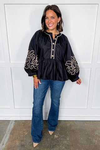 She Means Business Black Peplum Top with Tan Embroidered Details