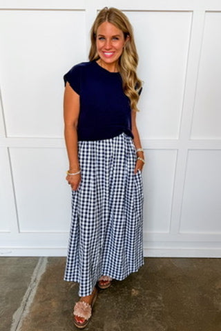 Two Items = Gingham Maxi Dress + Navy Sweater
