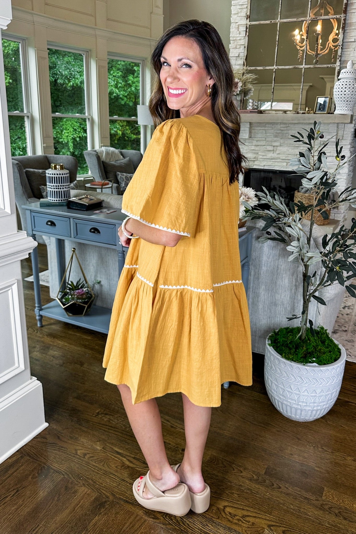 Mustard Embroidered Trim Tiered Short Dress