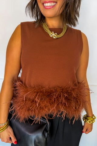 Feathered Affair Sleeveless Top in Brown