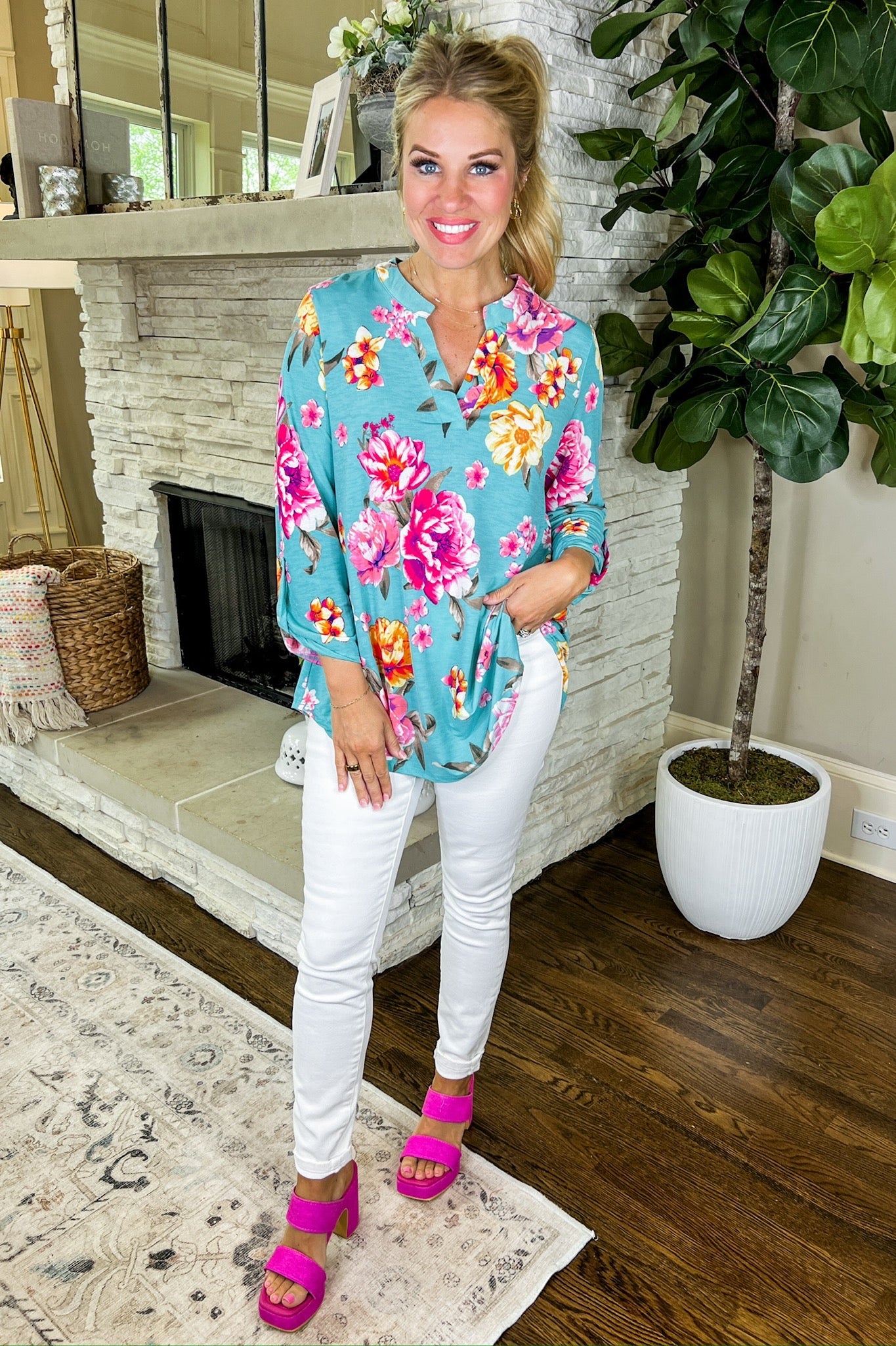 The Lizzy Top in Teal Pink Floral