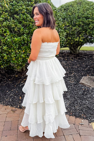 Save The Date Tiered Midi Dress in Ivory