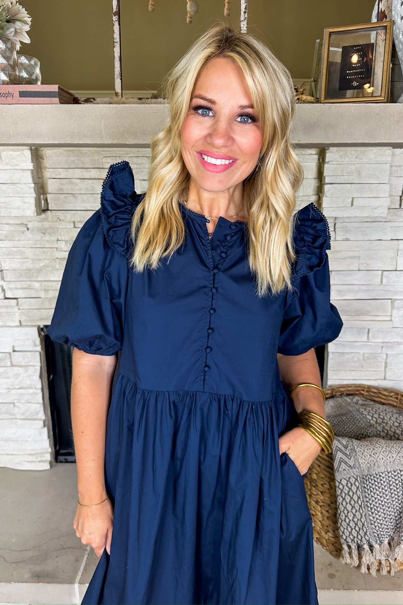 Ruffle Puff Sleeve Button Loop Poplin Midi Dress in Navy