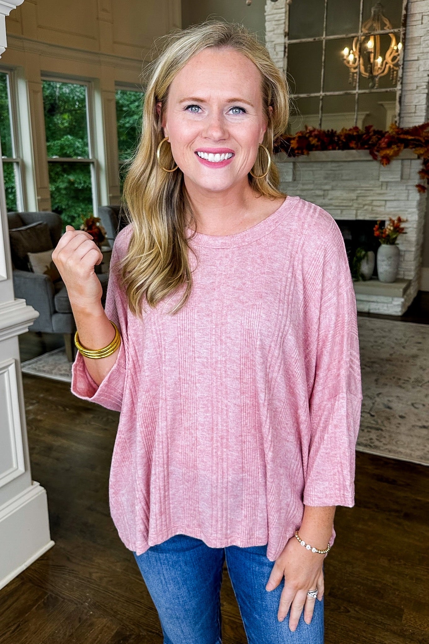 Heathered Ribbed Swing Top in Pink