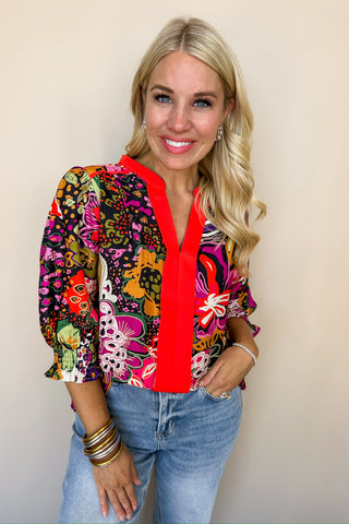 Vibrant Red Patterned Blouse