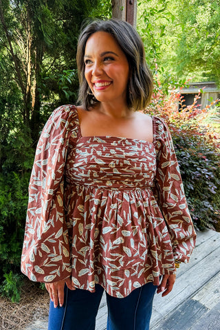 Featherleaf Pintuck Babydoll Top in Brown