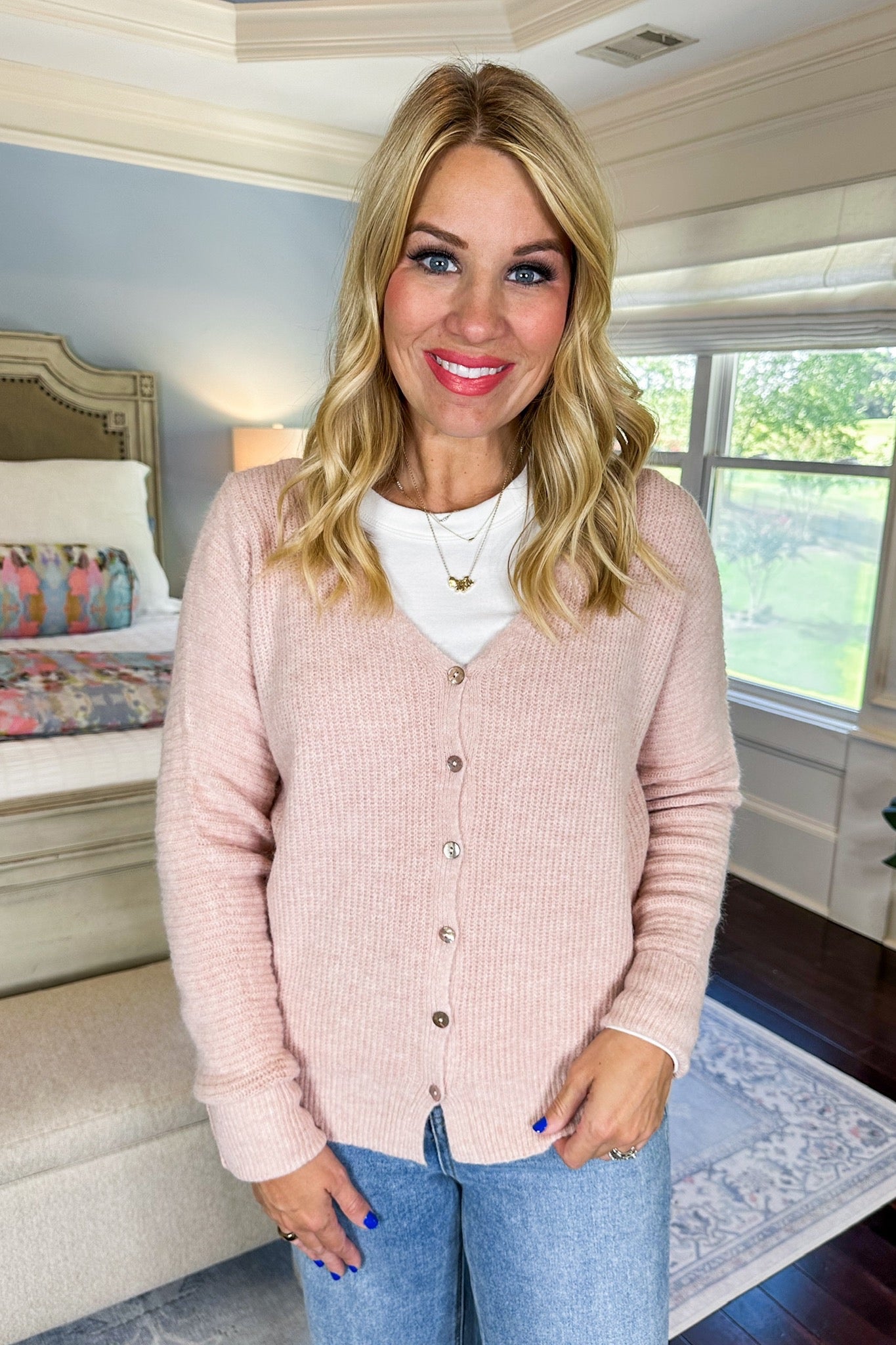 Cozy V-Neck Button Down Knit Sweater in Blush