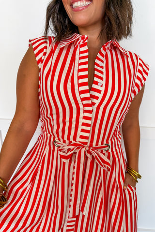 The Lily Button Down Tie Waist Midi Dress in Red Stripes