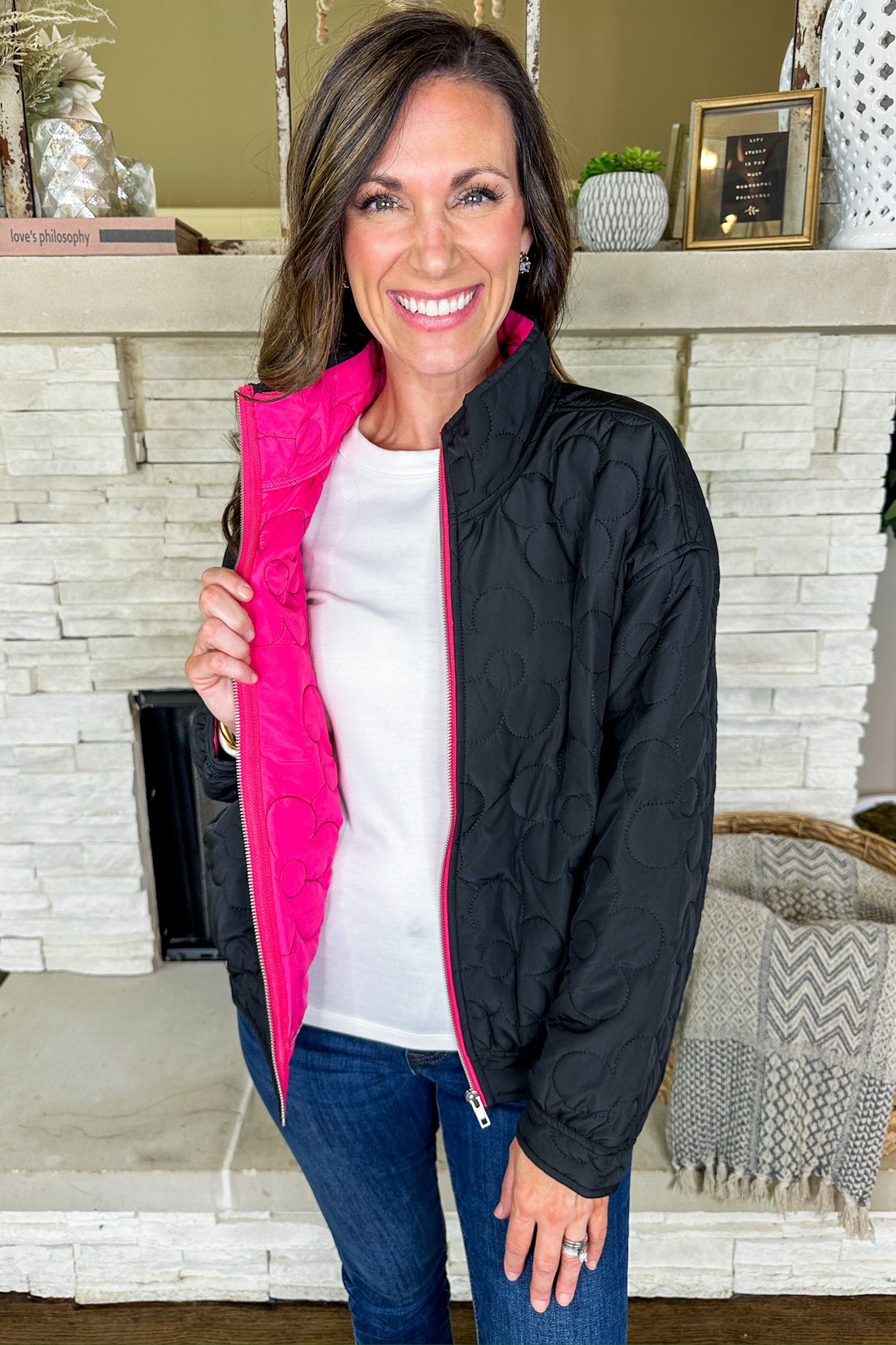 Pink Lined Pocketed Black Flower Quilted Jacket